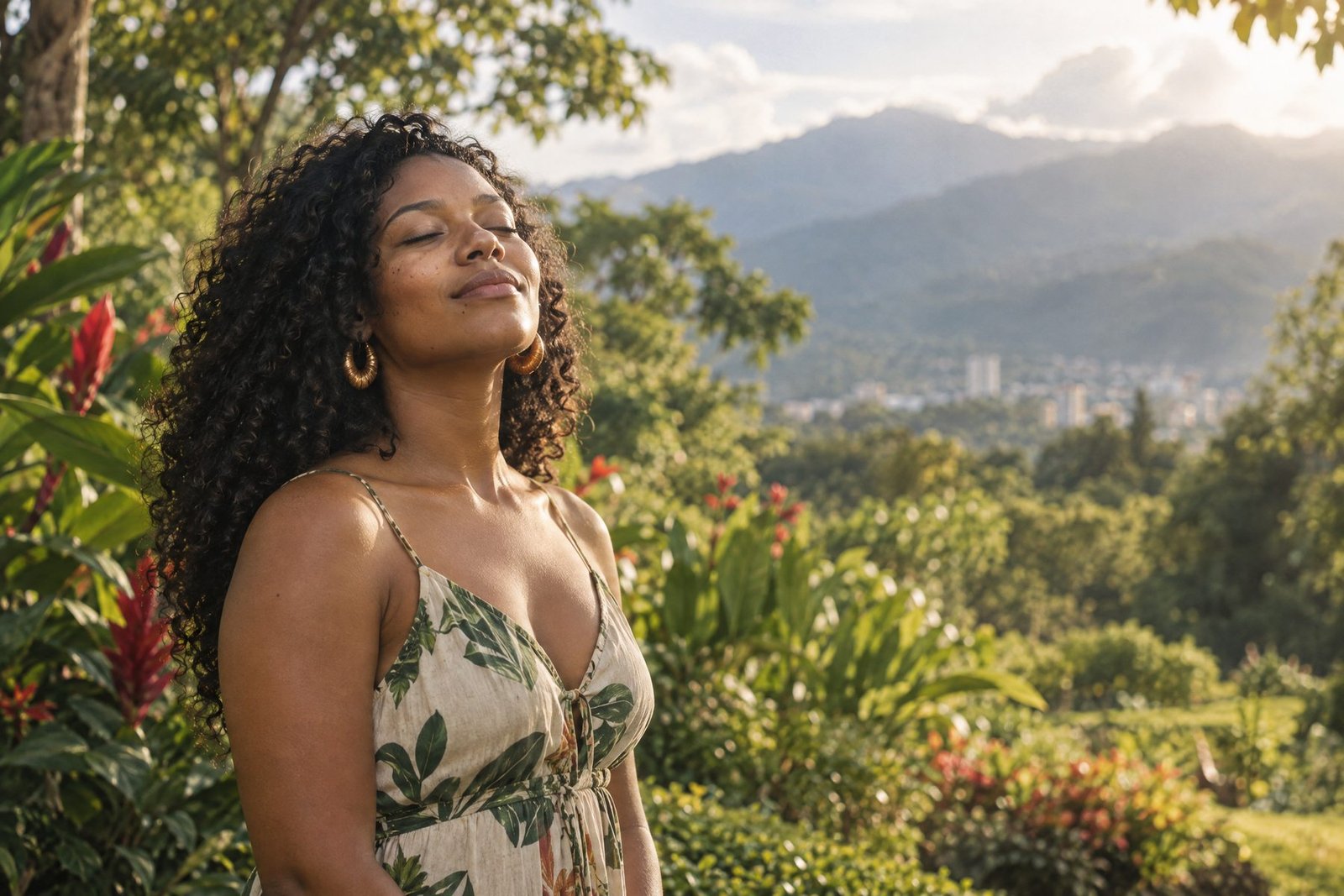 Retrato sereno en un jardín lleno de luz y vegetación